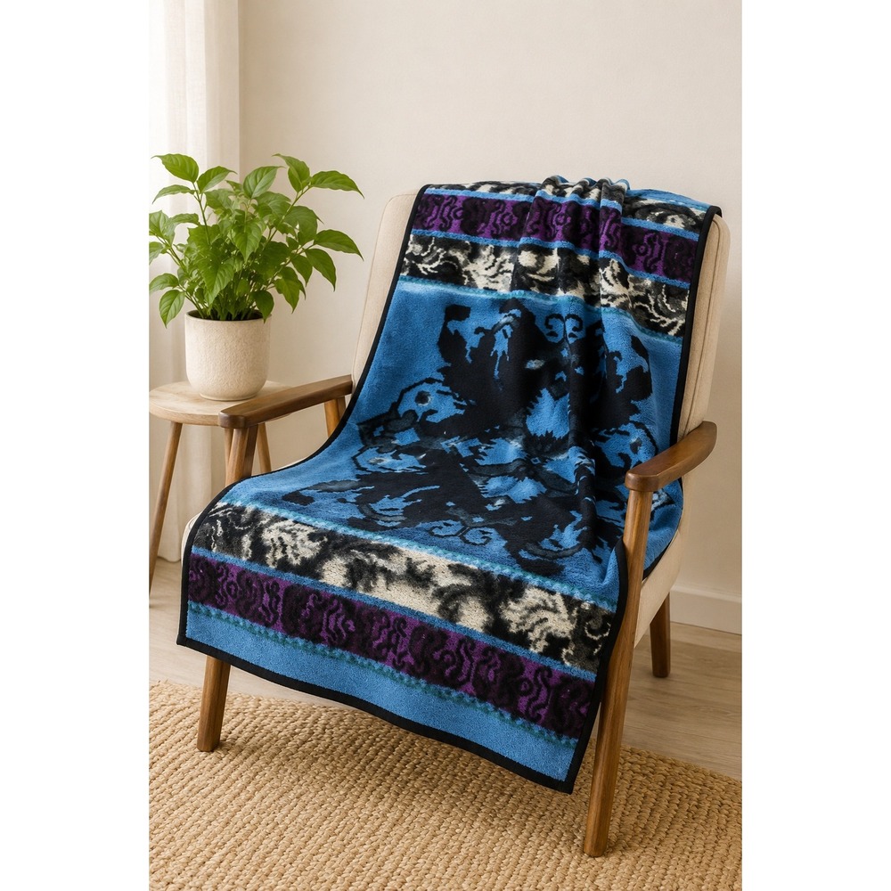 Vintage Biederlack Blue Ikat Throw Blanket Reversible MCM Cabincore Cottagecore